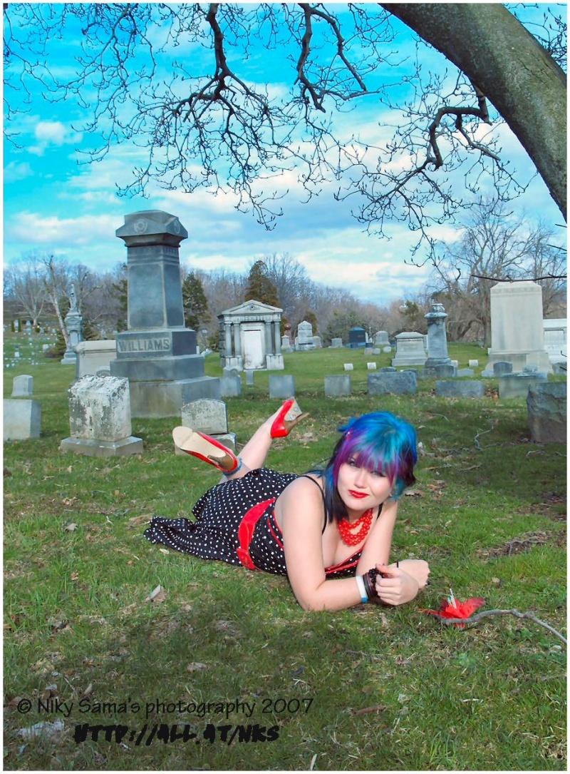 Female model photo shoot of Photos by Niky Sama and Miss Marie Massacre in Syracuse Cementery,NY