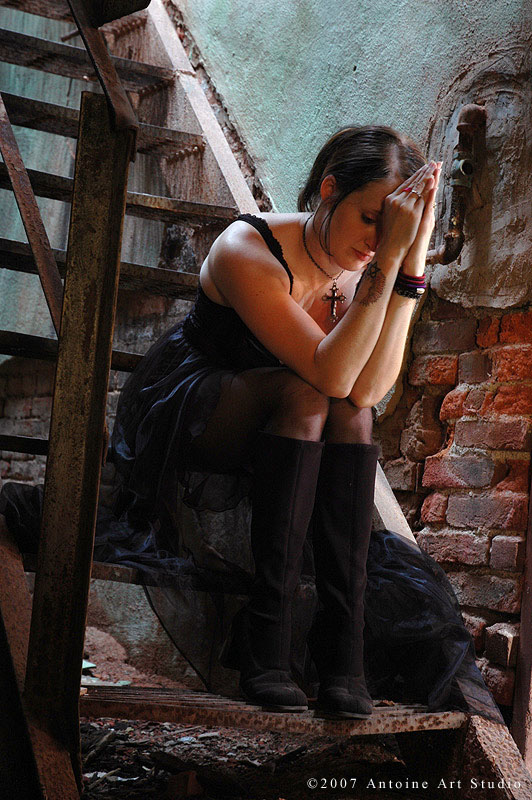 Female model photo shoot of Isabel DaMorte by Antoine Art in Abandoned building in Richmond Indiana (wardrobe jewelry etc by me)