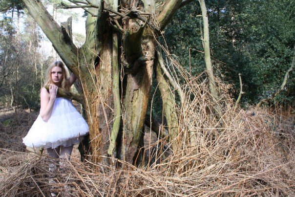 Female model photo shoot of Sez roberts in Leathhill woods, Shere