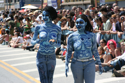 Female model photo shoot of Hazel Roze and 333 in Coney Island, body painted by Andy Golub