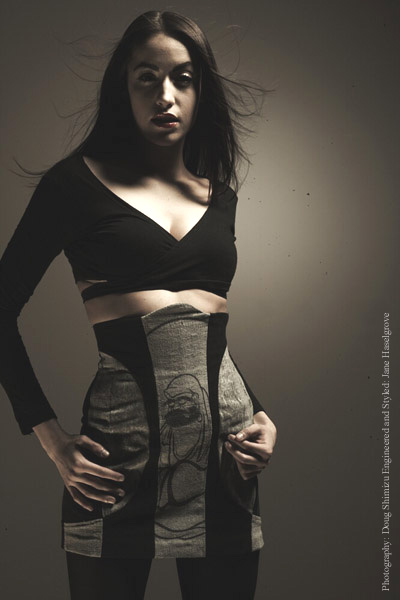 Female model photo shoot of Jane Haselgrove in Dougs Studio, clothing designed by Jane Haselgrove