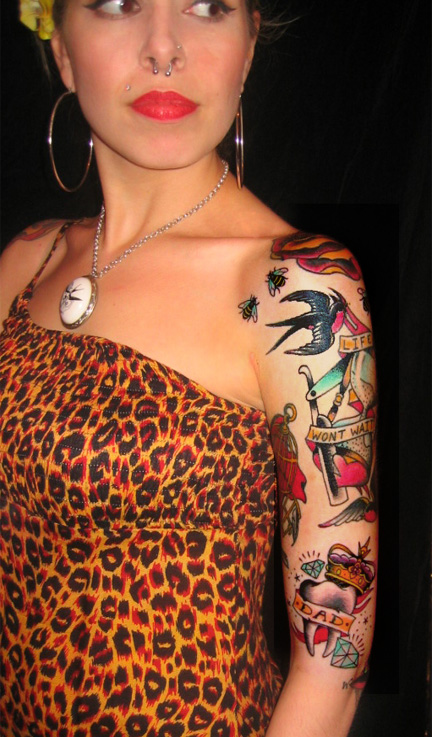Female model photo shoot of Tiny D in North Star Tattoo, NYC - All work by Rodrigo Melo