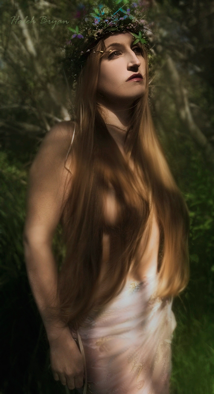 Female model photo shoot of Sacred Feminine and PrincessButtercup by Haleh Bryan in Snake Infested Forest 