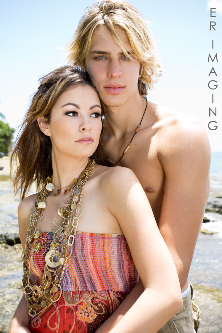 Female and Male model photo shoot of Eliza Richards, Ty van Roden and Shaholly in Hawaii, makeup by Krystle Parinas