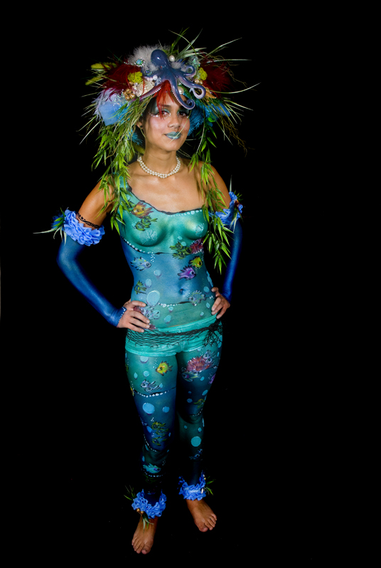 Female model photo shoot of a living canvas in 2nd place Masters level for Body Painting 2008