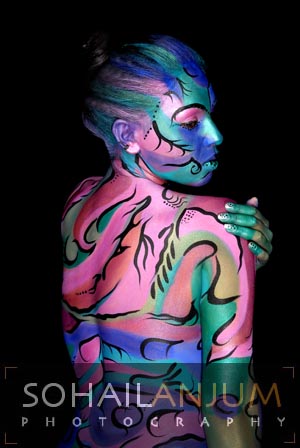 Male model photo shoot of SOLLYOGRAPHY, body painted by Boudicca Blue Bodyart 