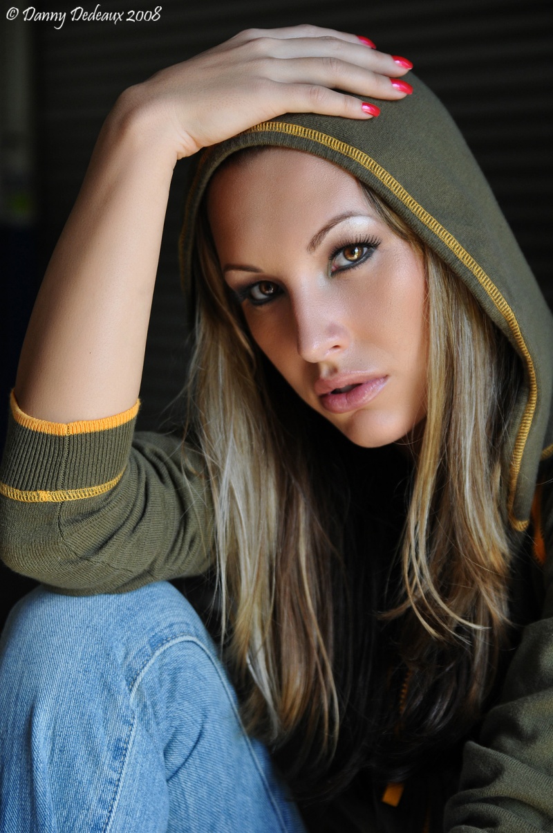 Female model photo shoot of make-ups elite by Danny Dedeaux in garage studio