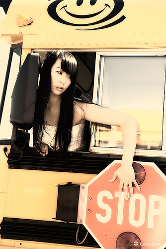 Female model photo shoot of Joanna Jang by Lenscap8 in School Bus