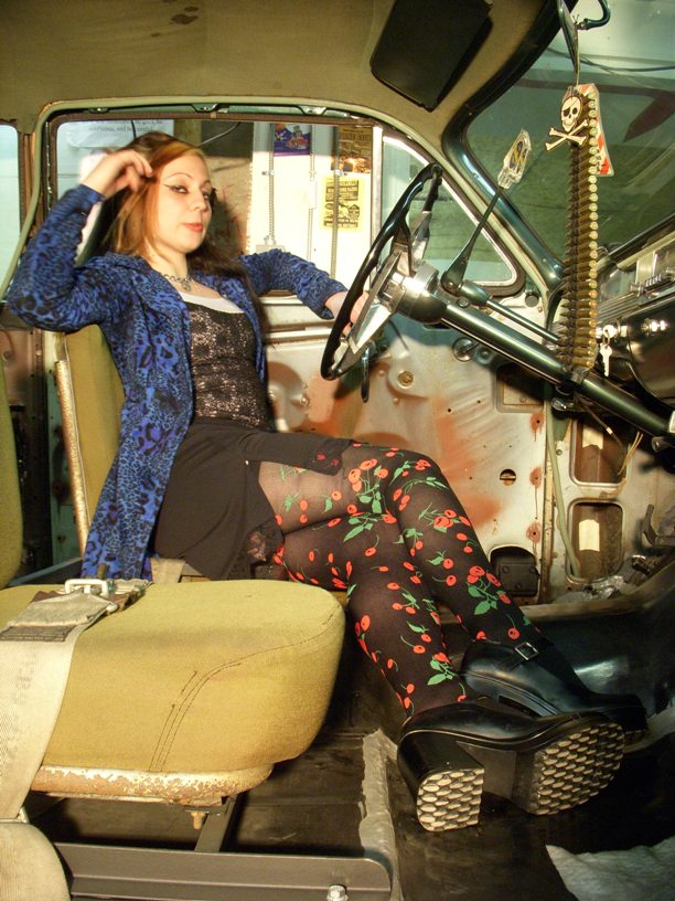Female model photo shoot of Kupkake Katastrophe in Rob's garage