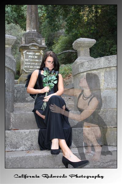 Male and Female model photo shoot of California Redwoods and R Mary in Evergreen Cemetery in Santa Cruz, California