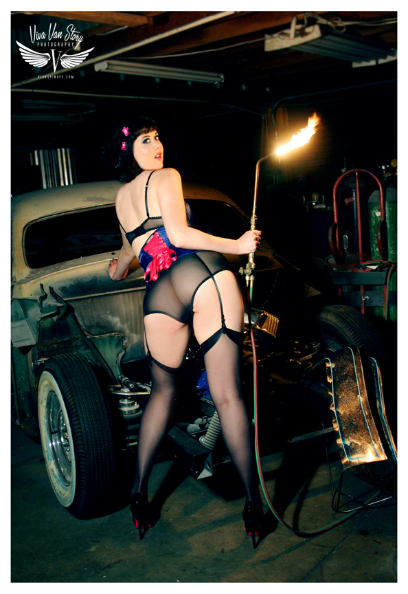 Female model photo shoot of Jennifer Anne Black in Skratch's Garage