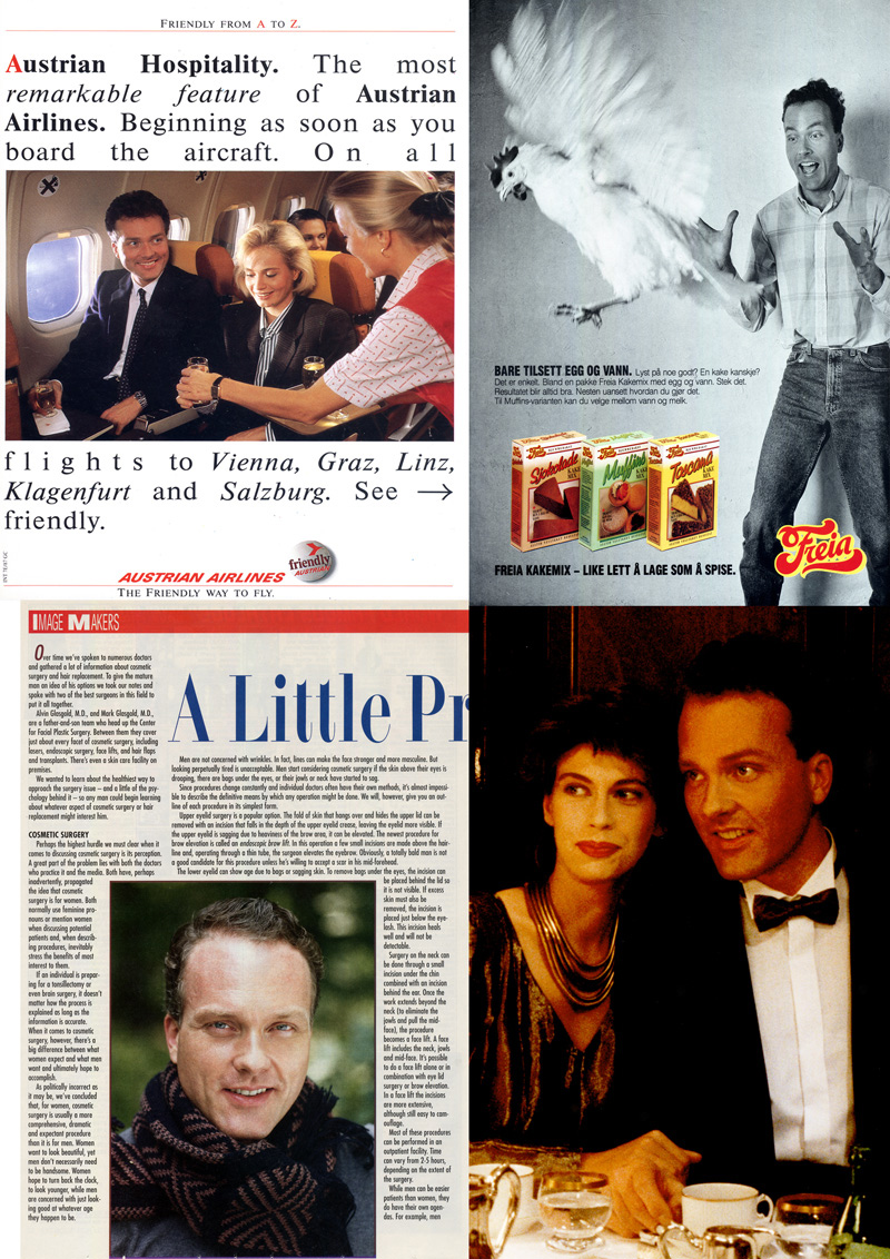 Male model photo shoot of Peter Allemano in CLOCKWISE FROM UPPER LEFT:  Austrian Airlines (Vienna); Freia cake mixes (Oslo); Nescafe Orient-Express promotion (Vienna); Exercise For Men Only Magazine (New York)