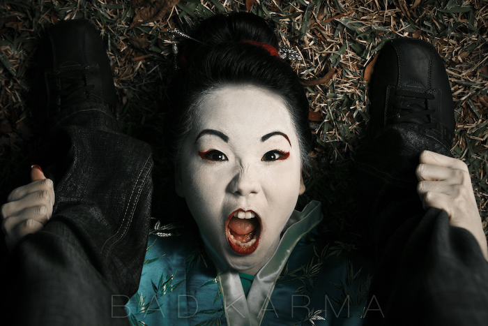 Male and Female model photo shoot of Bad Karma Photo and Melissa Lim, makeup by lbmakeup