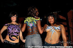 Female model photo shoot of karmelsundae and ChandriaB in Vida Lounge-Chicago, ILL, body painted by Leekovision