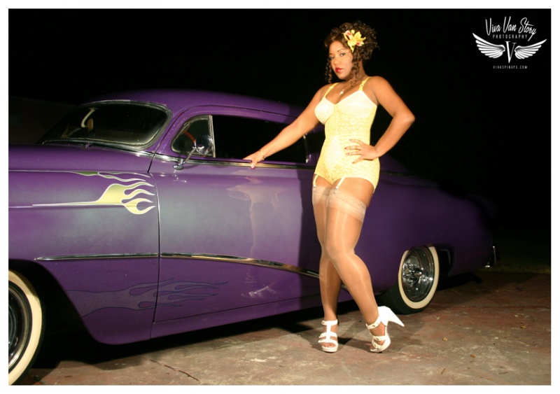 Female model photo shoot of Miss RaVana ViXen by Viva Van Story in Rumblers Car Club Shoot in Orlando Florida., hair styled by PinMeUp Hair, makeup by Anna DeMeo