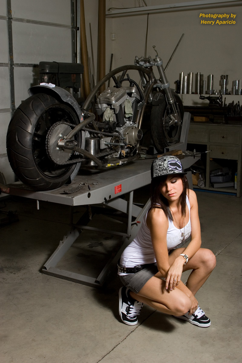 Female model photo shoot of Ashley541 by Badass Imagery in Thunderstruck Custom Bikes, Medford Oregon