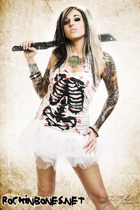 Female model photo shoot of Miss_Hollywood_Horror by Destroy Inc, clothing designed by Rockin Bones 