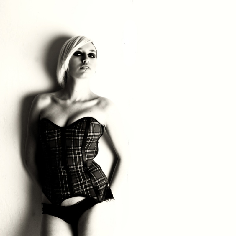 Female model photo shoot of SJ Ellson by DannyLenihan in Stagsden Studio, makeup by Sian Hammer