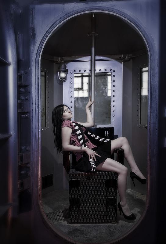 Female model photo shoot of Revvy in Santa Fe, Abandoned State Penitentiary, Gas Chamber