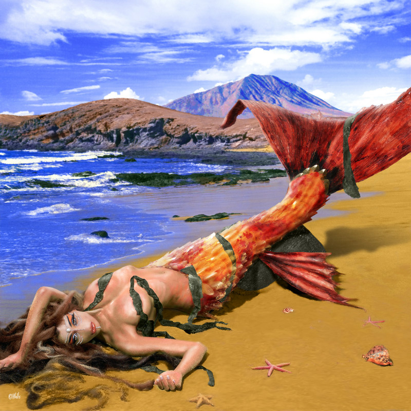 Female model photo shoot of Rosanna Walls in Fuerteventura, Canary Islands. The tail is a real prop by Carlos Nieves, not painted in., digital art by Art of Walls