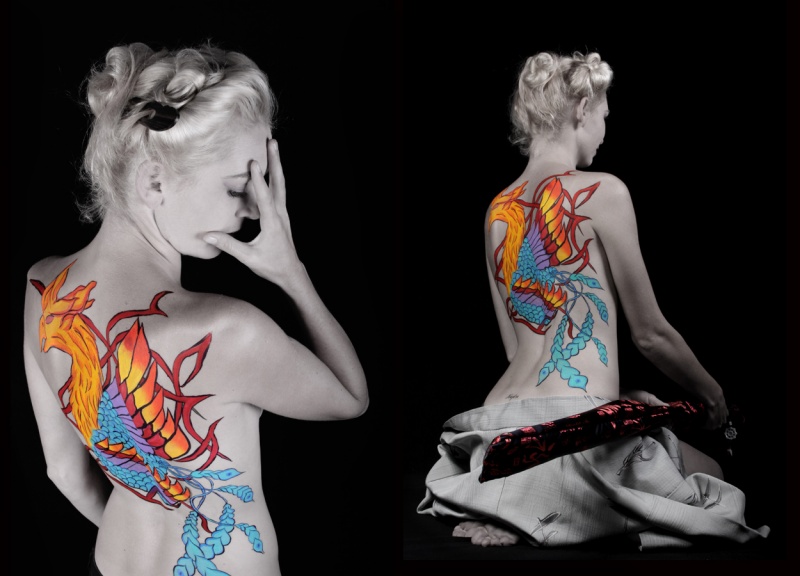Female model photo shoot of jami_L by Sidetracked Designs, body painted by Mythical Ink