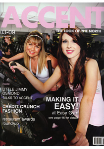 Female model photo shoot of pippa snaith in Front page of accent magazine aswell as two page spread