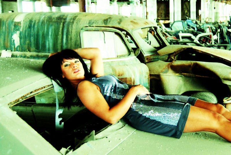 Female model photo shoot of KrystalAnderson in Warren's Auto Body