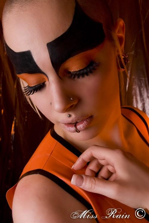 Female model photo shoot of Ms Moo Make Up and Helene Atsuko by Miss Rain in Nottingham, 2009, clothing designed by Lady Lucie Latex