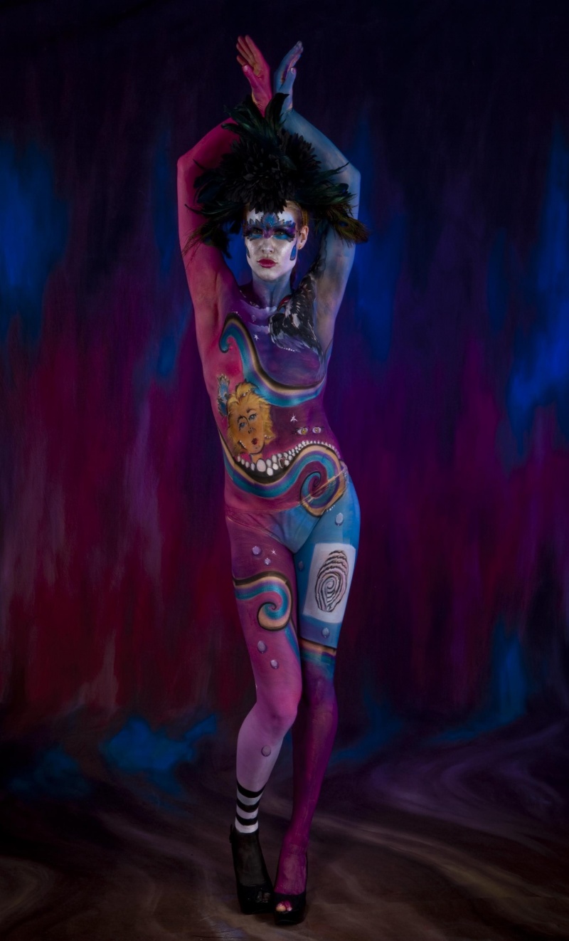 Female model photo shoot of Jilly J in Toronto International Body Paint Convention April 4, 2009, body painted by a living canvas