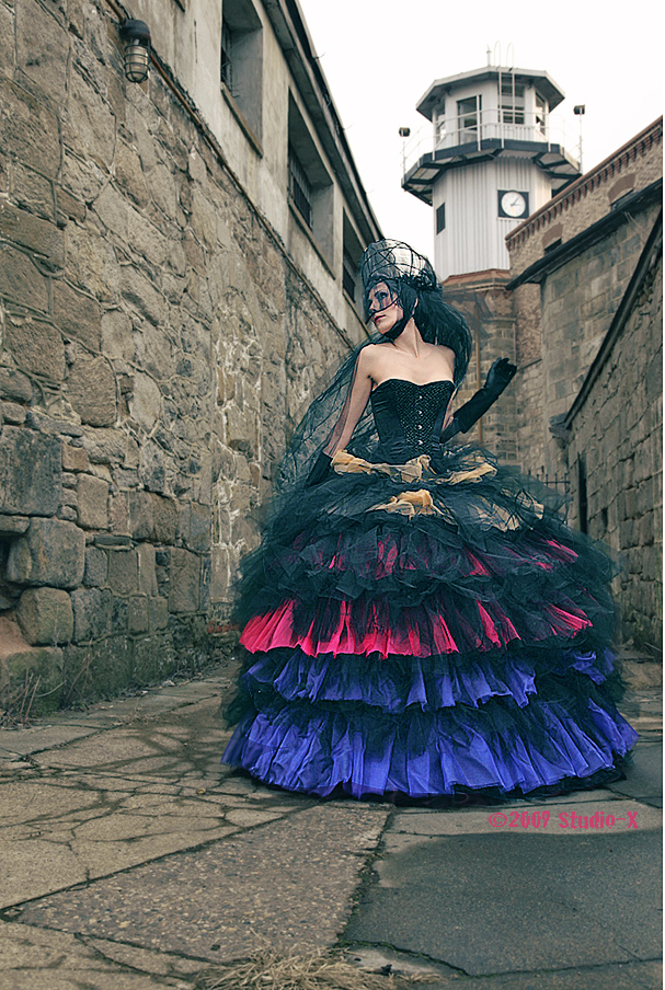 Female model photo shoot of Bianca Lindblad and Alayna by Studio-X in Eastern State Penitentiary, makeup by Alayna Marie, clothing designed by Bianca Lindblad