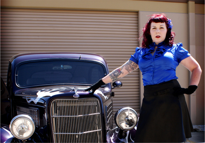 Female model photo shoot of Sickgirl Creations and Lilith Lavey by Chris Allison in Trueline Car Show