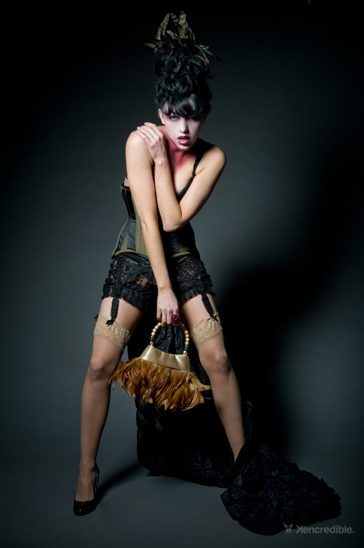 Female model photo shoot of Virginie Martin by Kencredible, makeup by Alayna Marie, clothing designed by Bizarre Boudoir