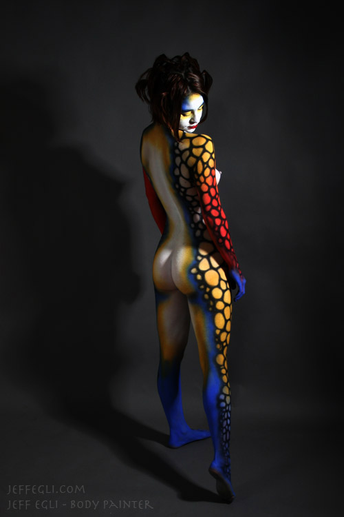 Female model photo shoot of Body Paint Girl in Oregon, body painted by Jeff Egli