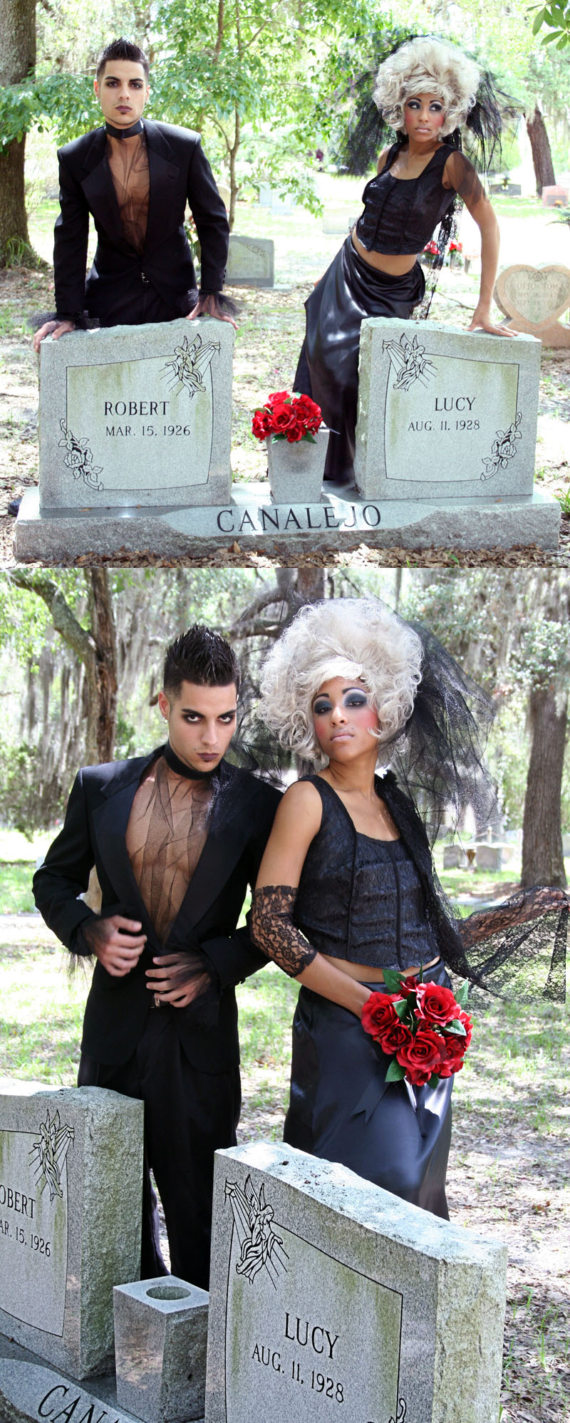 Male and Female model photo shoot of Rob-Bryan and J R by Photography By Rios and Douglas Stevens in Cemetary, makeup by Sugarface Cosmetics