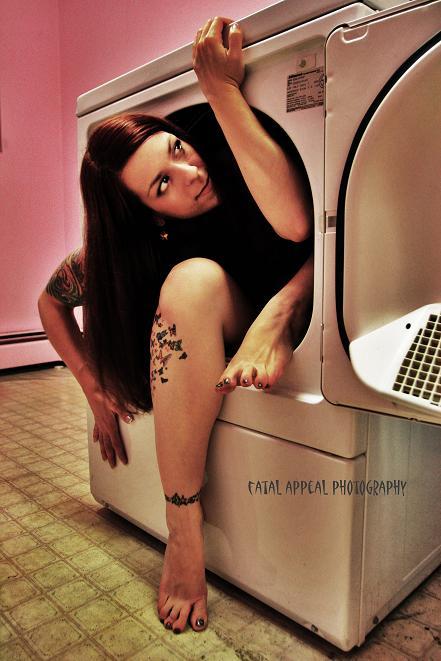 Female model photo shoot of China-White by FATAL APPEAL in (my dryer)