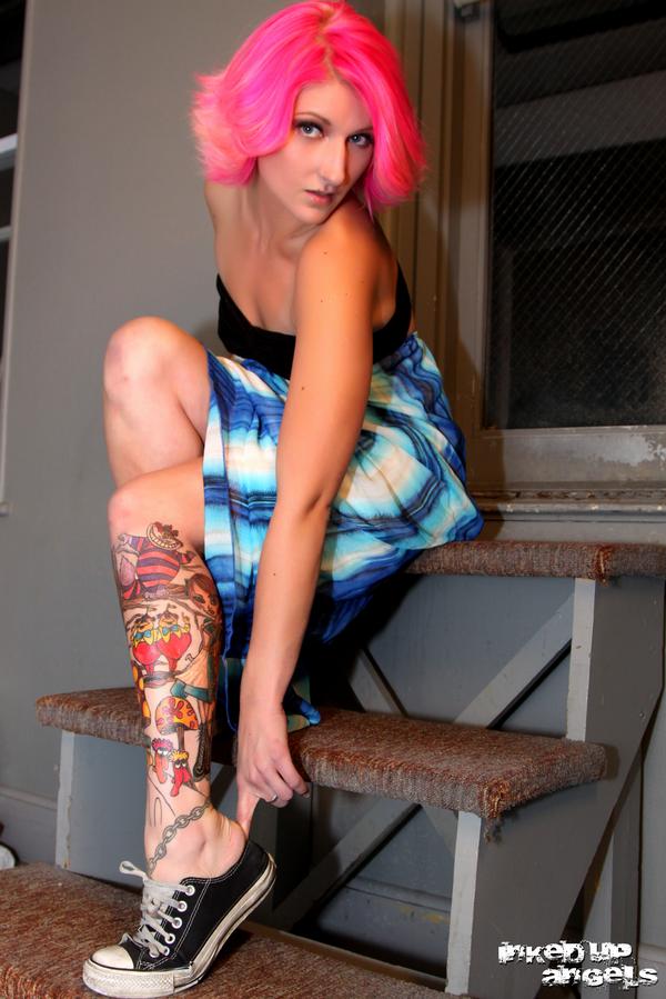 Female model photo shoot of pink Inked Up Angel