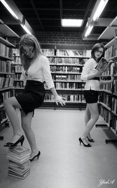 Female model photo shoot of Hanne Nathalie in Library