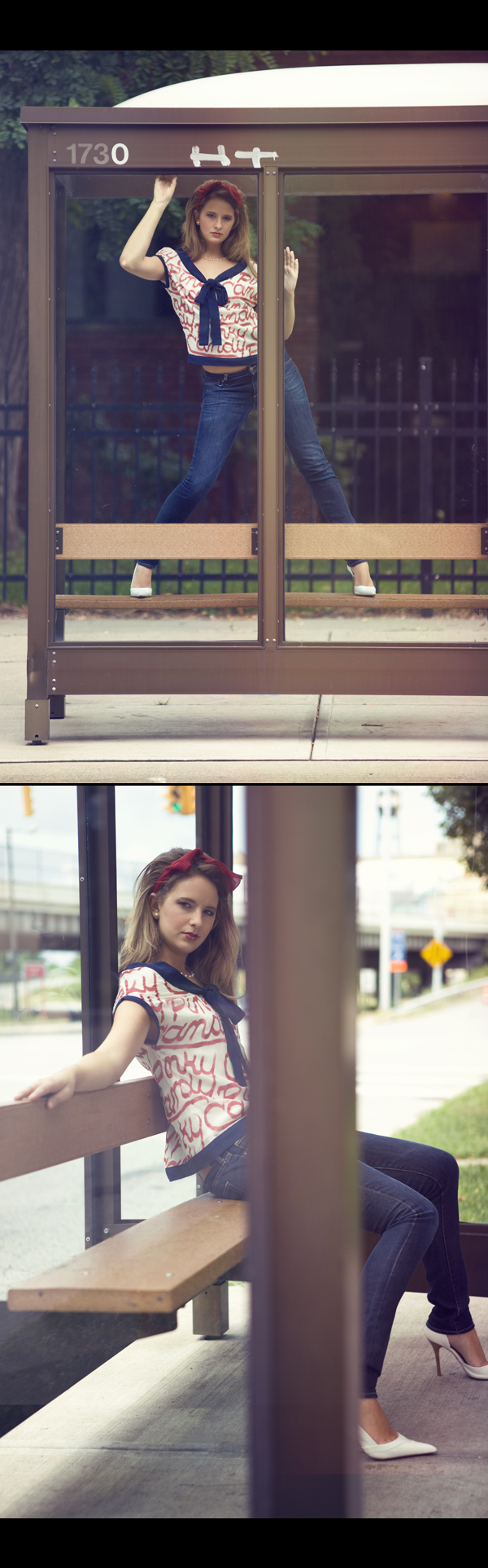 Female model photo shoot of Monika Marie by Timothy Logan in bus stop