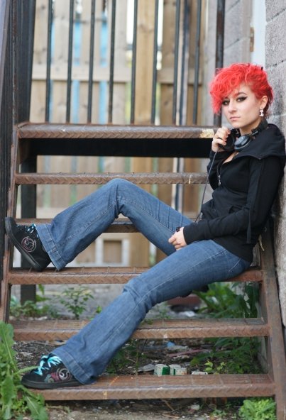Female model photo shoot of miche11e in some broken down steps. haha