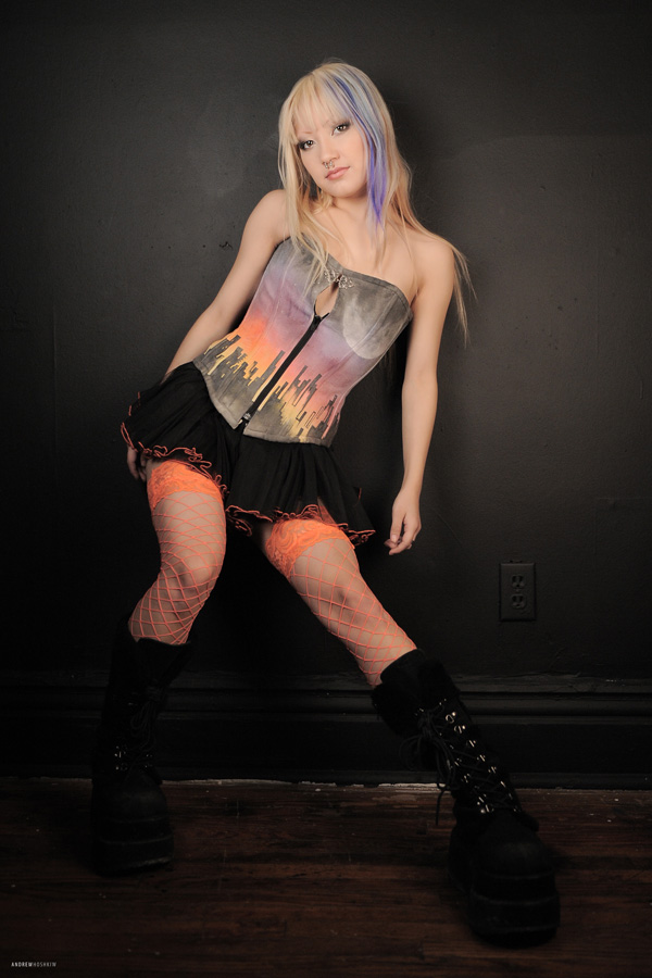 Female model photo shoot of Love Poetry Corsets and SugarFish by Drew Hoshkiw
