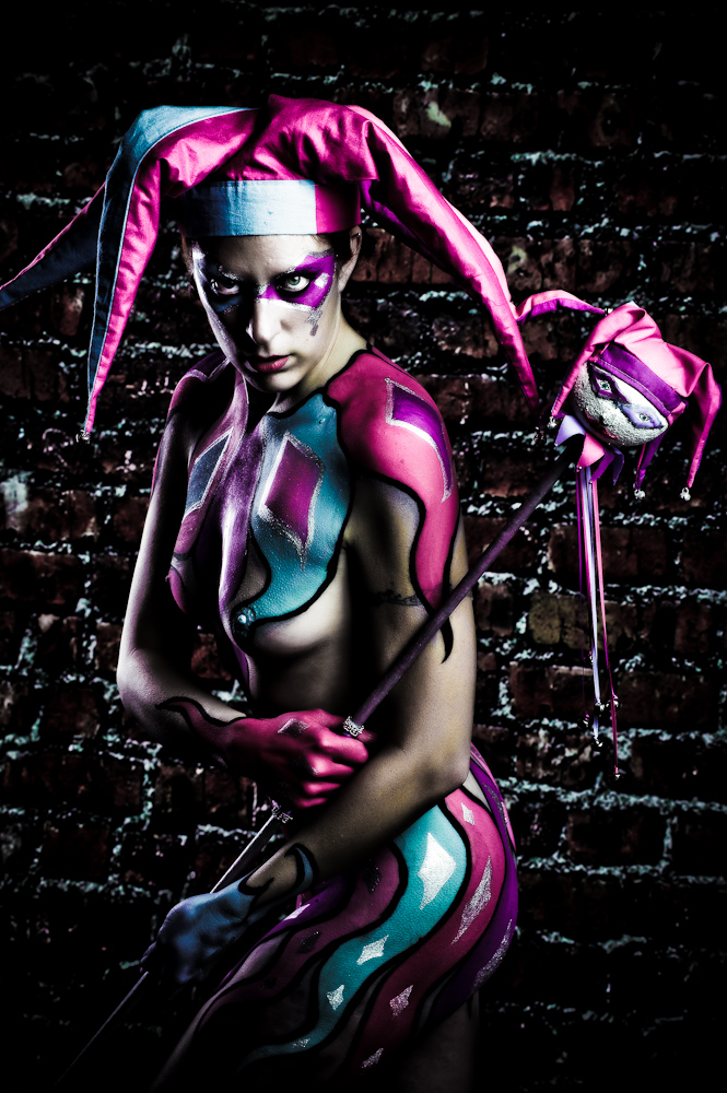 Female model photo shoot of Electro Tatiana by Graffiti Photographic in Painted Muse 2 Studio MLP Racine WI, body painted by Dawn Marie