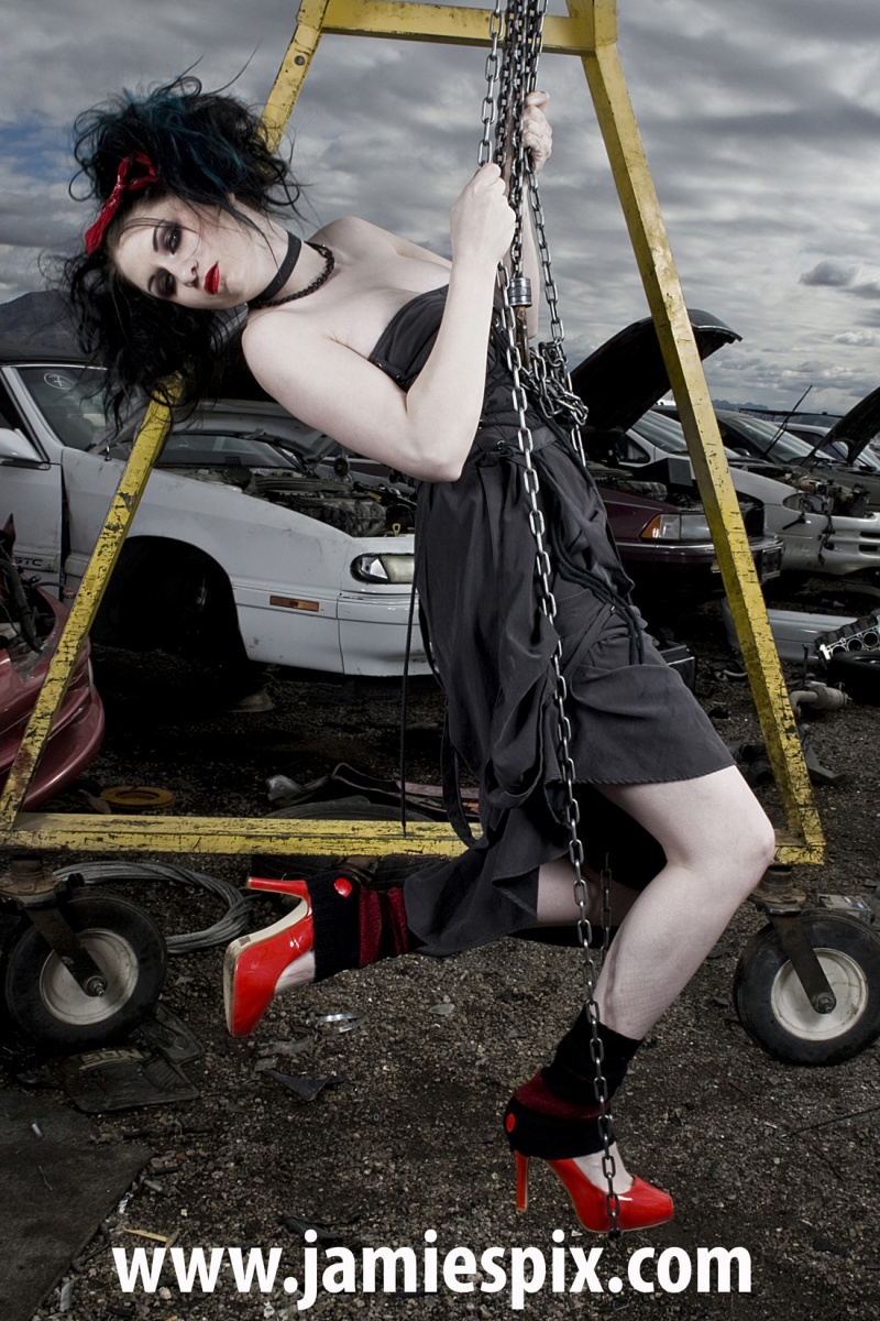 Female model photo shoot of Jamie Thomson and Abby Sin in Pick A Part Junk yard