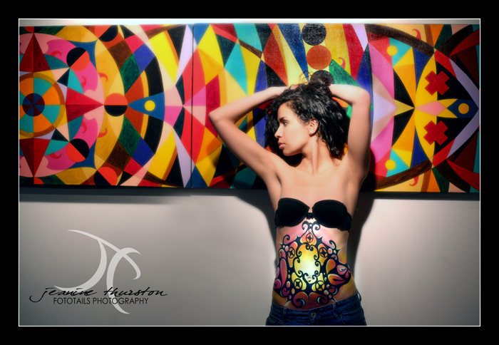 Female model photo shoot of Fototails Photography and Cynthia Hinojosa in Denver, Colorado, body painted by B Dunning Arts