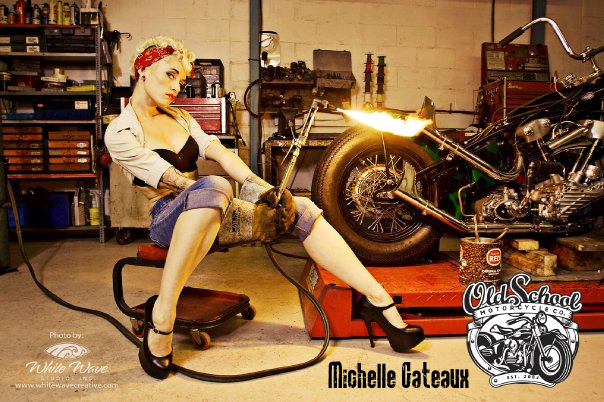 Female model photo shoot of Michelle Gateaux by White Wave Studios in Old School Motorcycles, Vancouver, makeup by Felicia Bromba