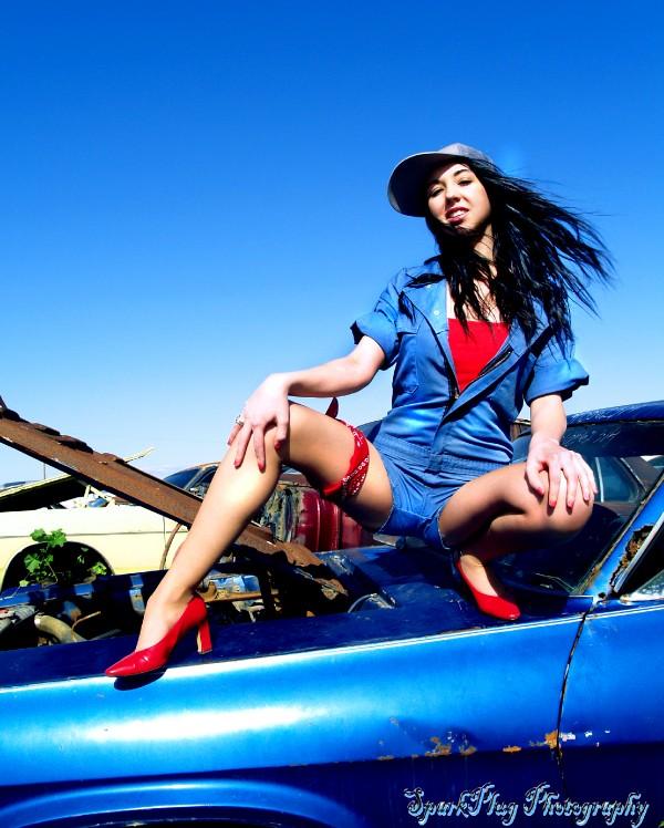 Female model photo shoot of hotcait in Black Road Junkyard