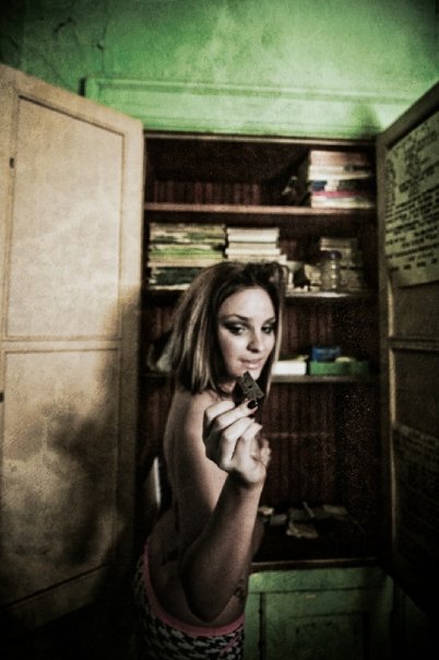 Female model photo shoot of AYOglasses by Drew_Orrin-Brown in Kansas City Abandoned Schoolhouse