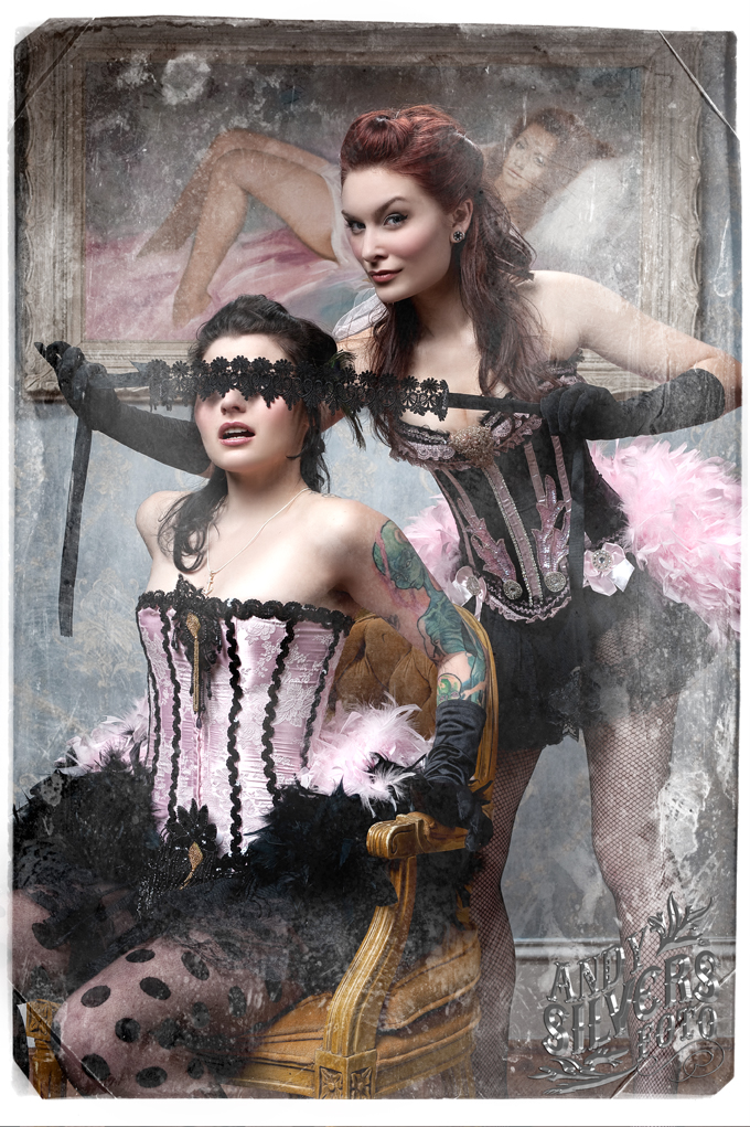 Female model photo shoot of Chrissy inky and Kari G by Andy Silvers, clothing designed by Victoria Velvet