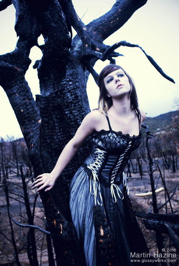 Female model photo shoot of Ashley Towers in Awesome Burnt Down Forest