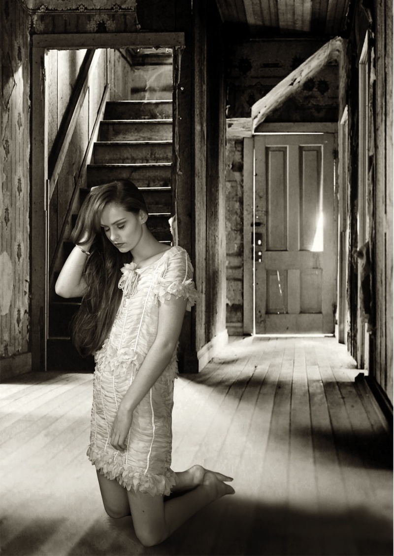 Female model photo shoot of Annie Markitanis Styles in deserted house