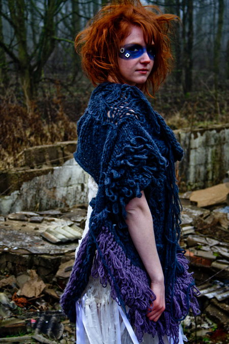 Female model photo shoot of Helen Lambert in Another Burnt out building, clothing designed by Richard Price knitwear